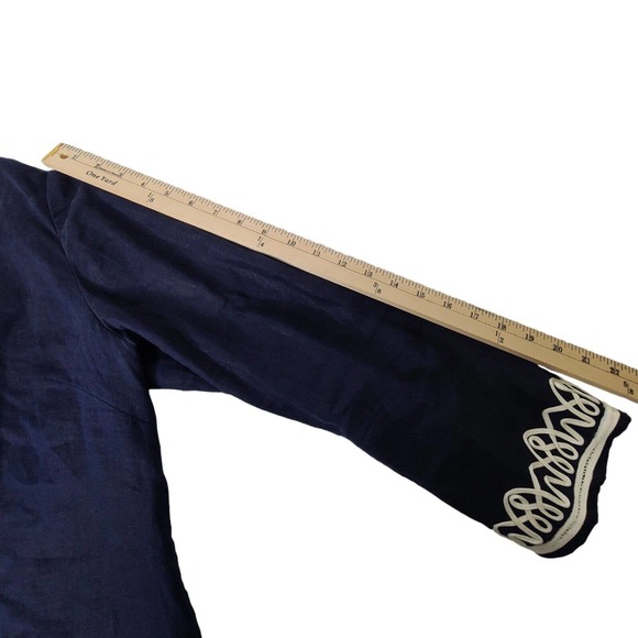 Talbots Women's SZ L 100% Linen Blouse/Top Navy-Blue Embellished Neckline & Cuff - Picture 9 of 11